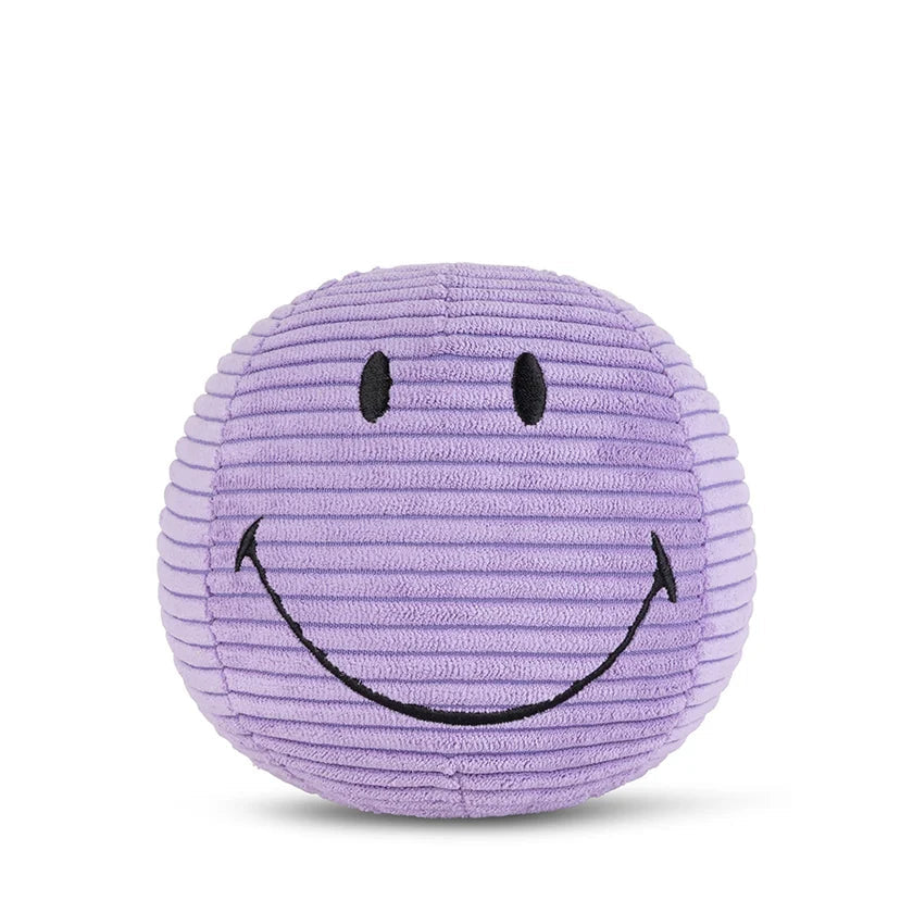 Purple plush ball with a smiley face on a white background