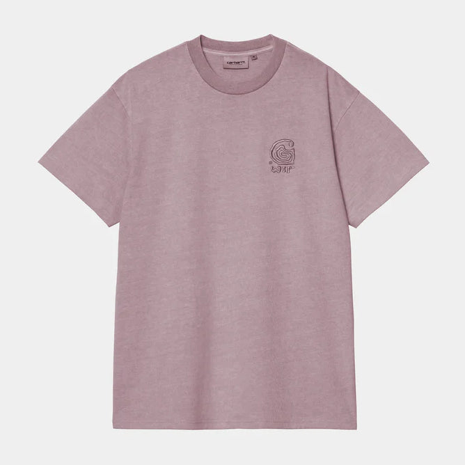 Pink carhartt wip t-shirt with a small logo on a light gray background
