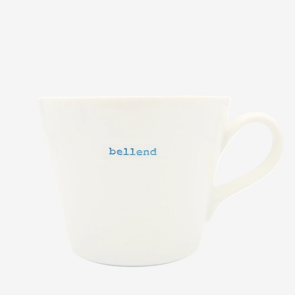 White mug with 'bellend' text on a white background