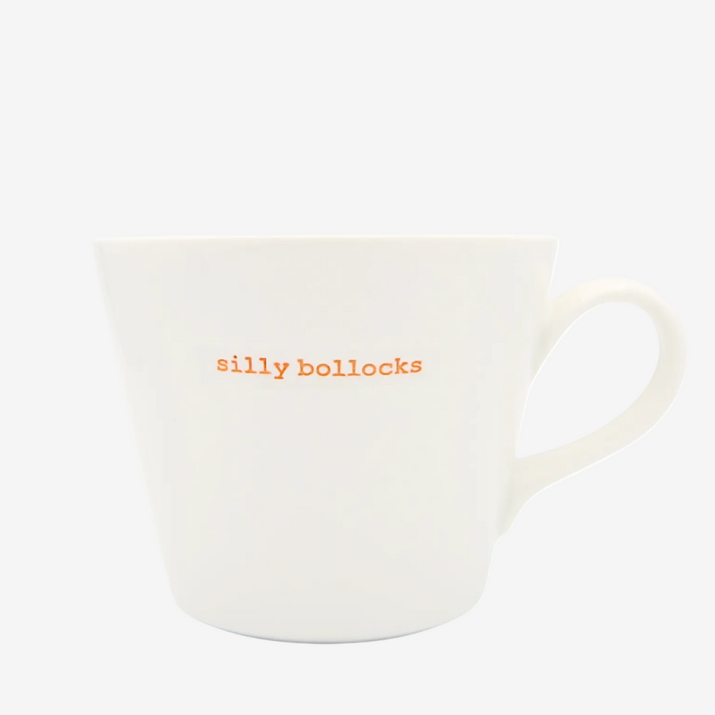 White mug with 'silly bollocks' text in orange on a white background